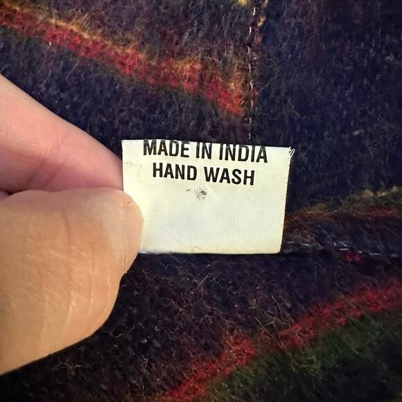 Colorful Wool Striped Hooded Poncho Cape with Fringe One Size - Picture 5 of 7